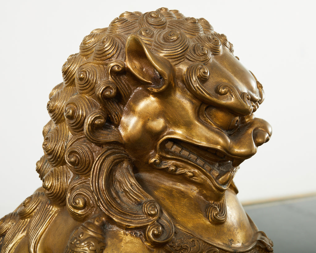Pair of Chinese Bronzed Metal Buddhist Temple Foo Dogs Lions