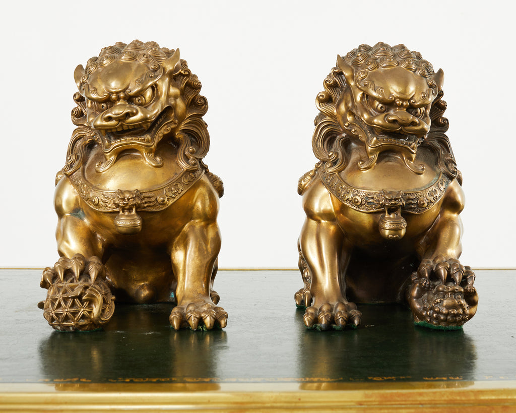 Pair of Chinese Bronzed Metal Buddhist Temple Foo Dogs Lions