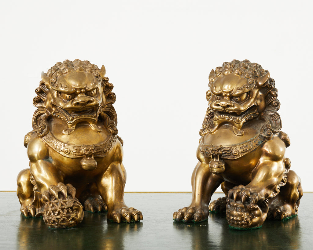 Pair of Chinese Bronzed Metal Buddhist Temple Foo Dogs Lions