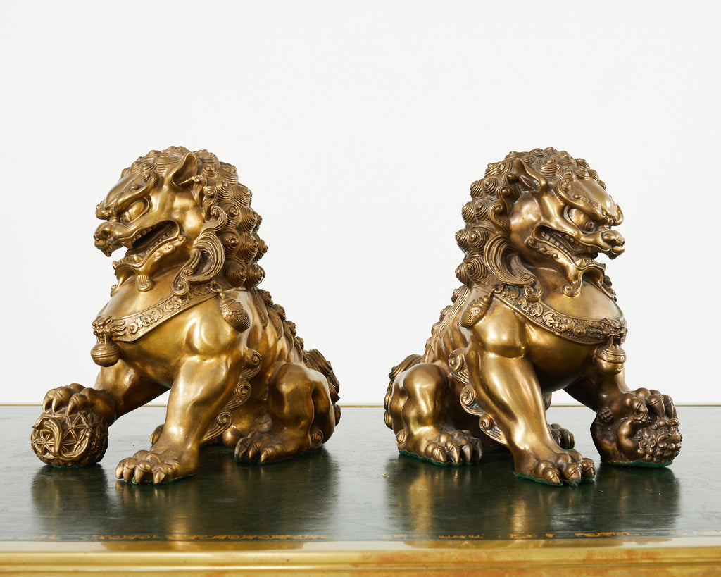 Pair of Chinese Bronzed Metal Buddhist Temple Foo Dogs Lions