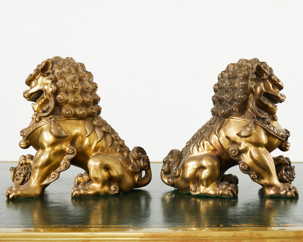 Pair of Chinese Bronzed Metal Buddhist Temple Foo Dogs Lions