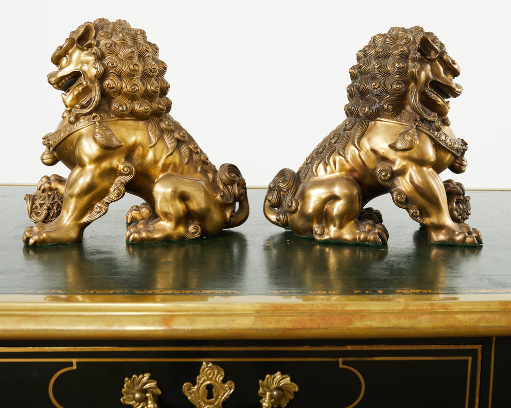 Pair of Chinese Bronzed Metal Buddhist Temple Foo Dogs Lions