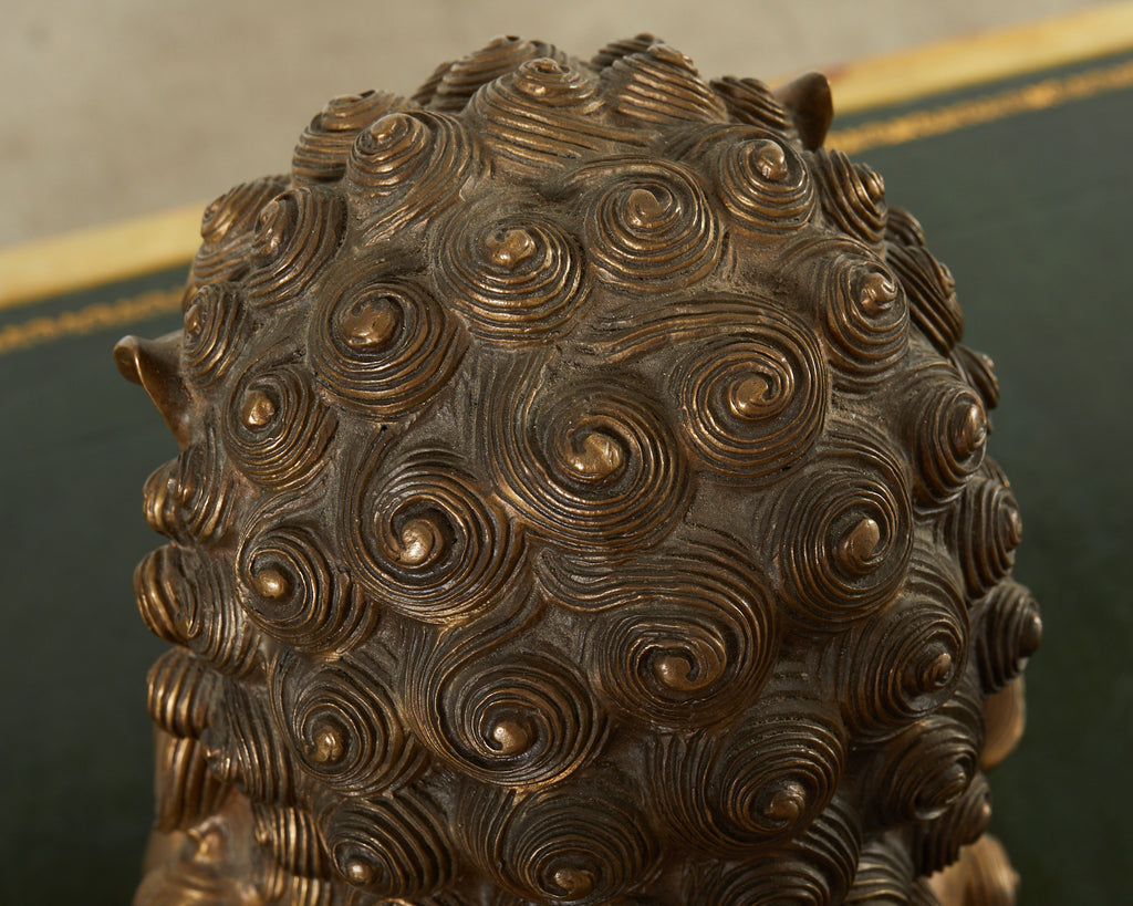 Pair of Chinese Bronzed Metal Buddhist Temple Foo Dogs Lions