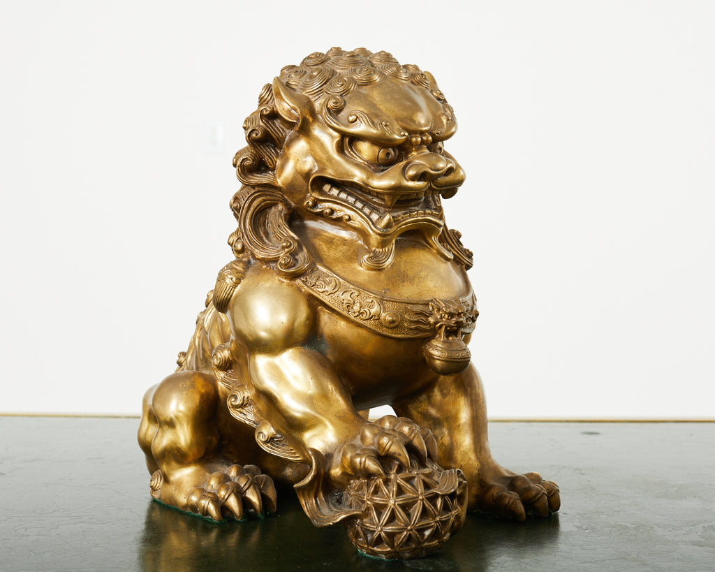 Pair of Chinese Bronzed Metal Buddhist Temple Foo Dogs Lions