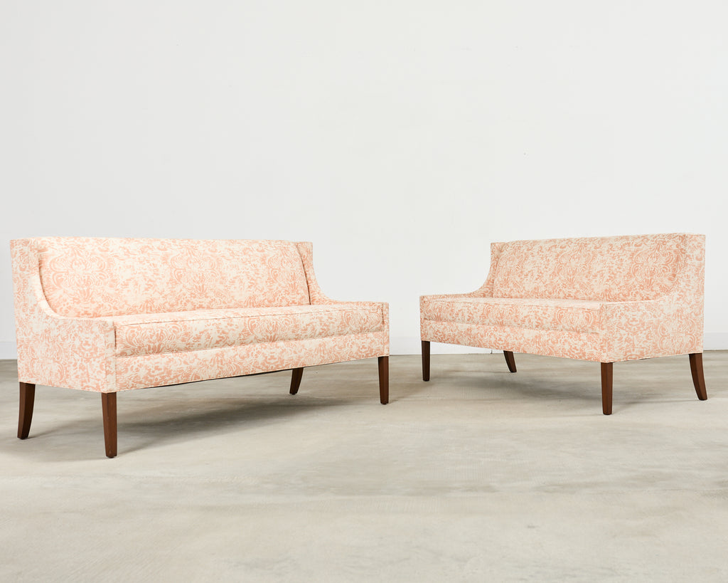 Pair of Slope Arm Sofas Fortuny Style Apricot Fabric