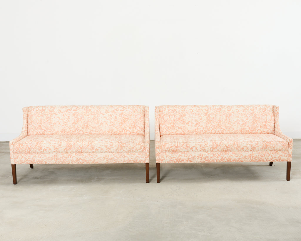 Pair of Slope Arm Sofas Fortuny Style Apricot Fabric