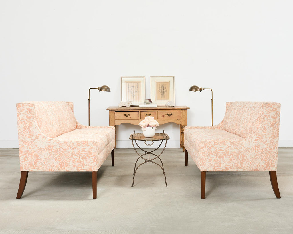 Pair of Slope Arm Sofas Fortuny Style Apricot Fabric