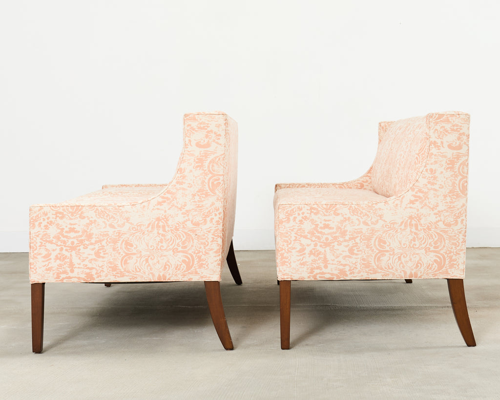 Pair of Slope Arm Sofas Fortuny Style Apricot Fabric