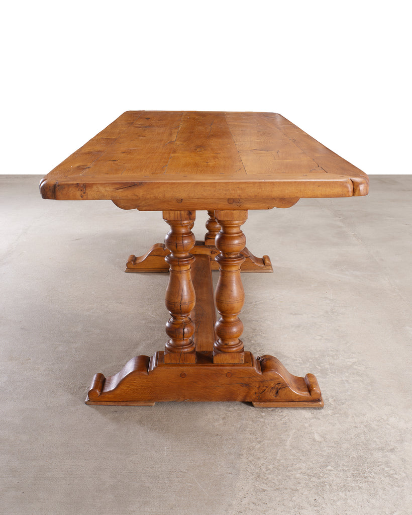 French Provincial Oak Farmhouse Double Trestle Dining Table