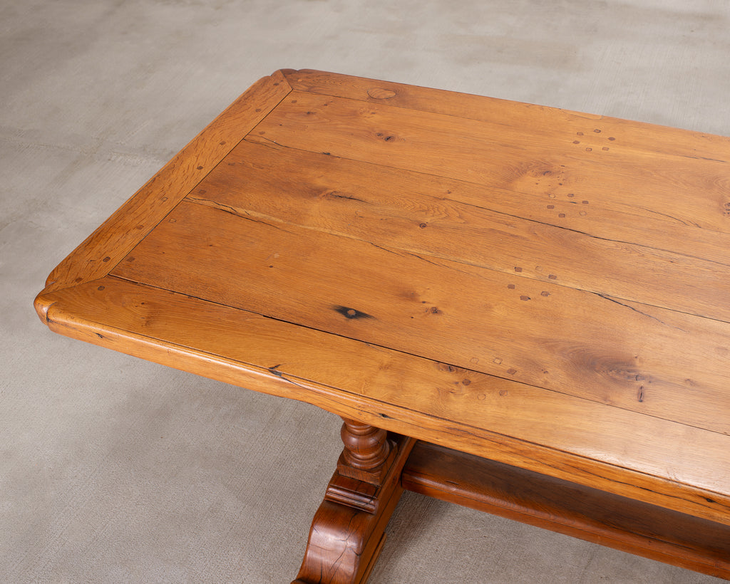 French Provincial Oak Farmhouse Double Trestle Dining Table