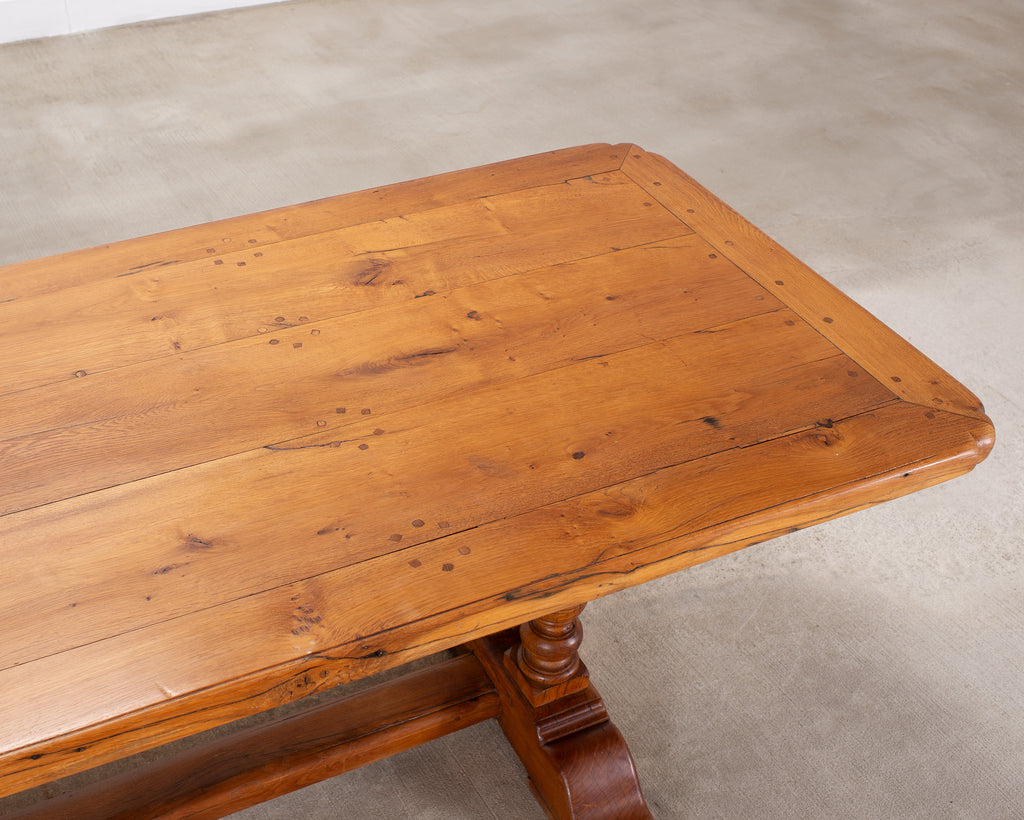 French Provincial Oak Farmhouse Double Trestle Dining Table