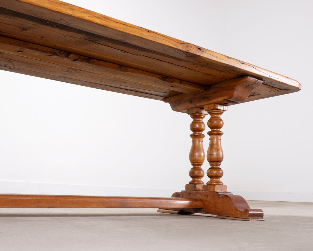 French Provincial Oak Farmhouse Double Trestle Dining Table