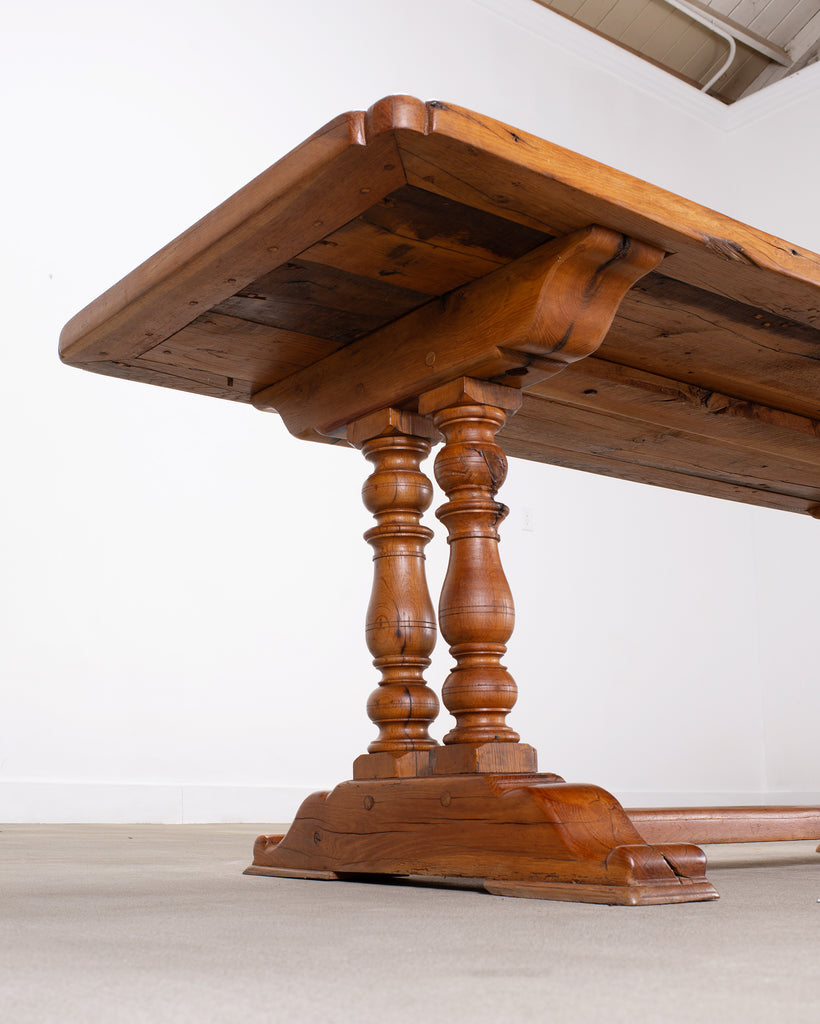 French Provincial Oak Farmhouse Double Trestle Dining Table