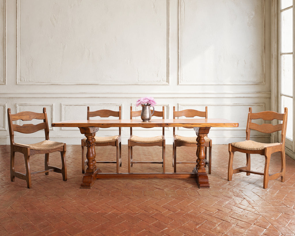 French Provincial Oak Farmhouse Double Trestle Dining Table
