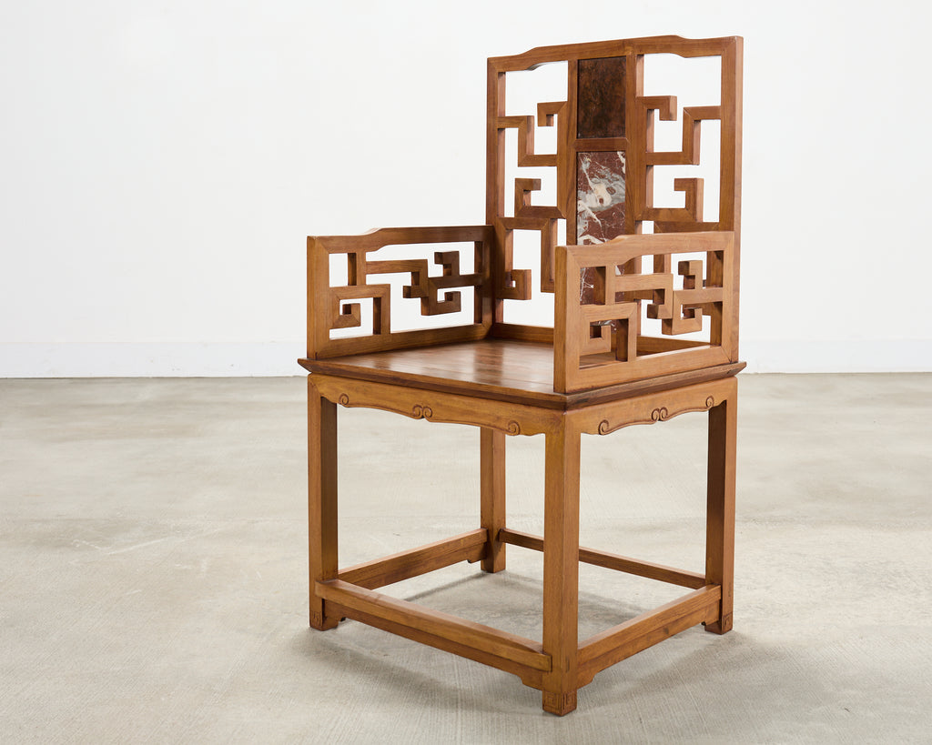 Pair of Chinese Ming Style Scholar's Armchairs with Marble Inset