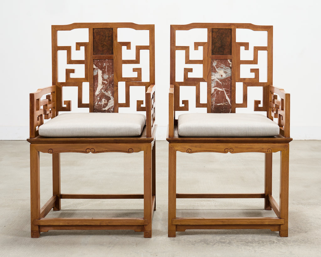Pair of Chinese Ming Style Scholar's Armchairs with Marble Inset