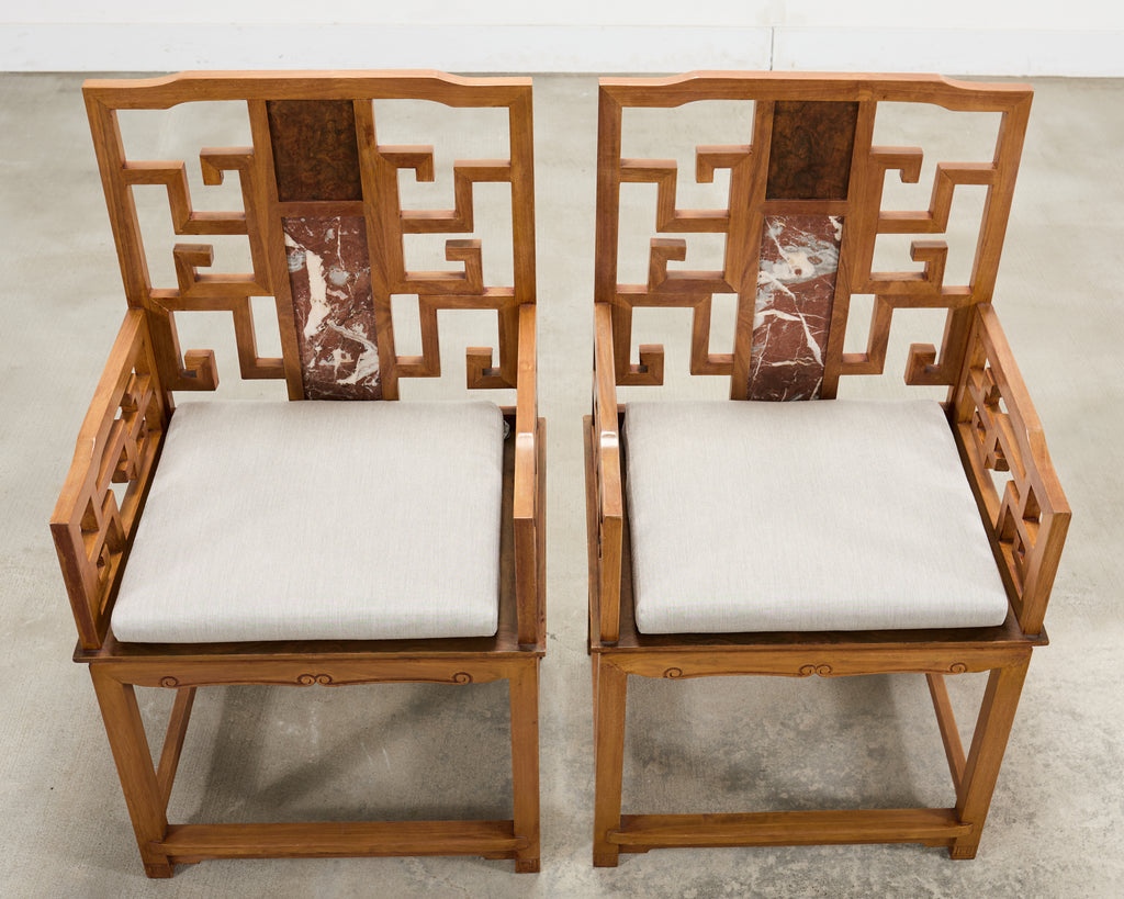 Pair of Chinese Ming Style Scholar's Armchairs with Marble Inset