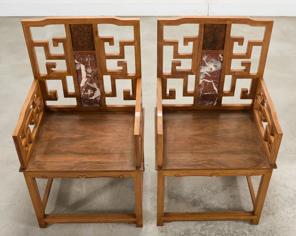 Pair of Chinese Ming Style Scholar's Armchairs with Marble Inset