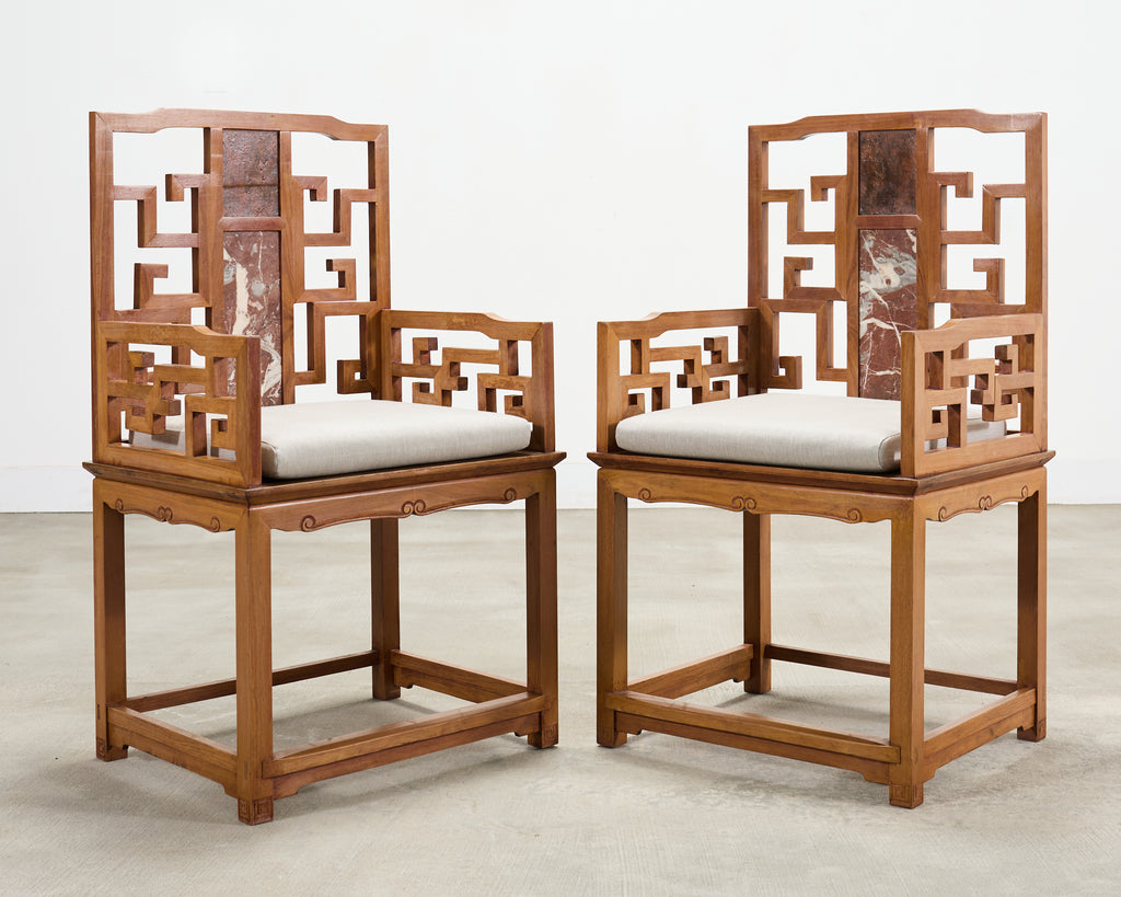 Pair of Chinese Ming Style Scholar's Armchairs with Marble Inset