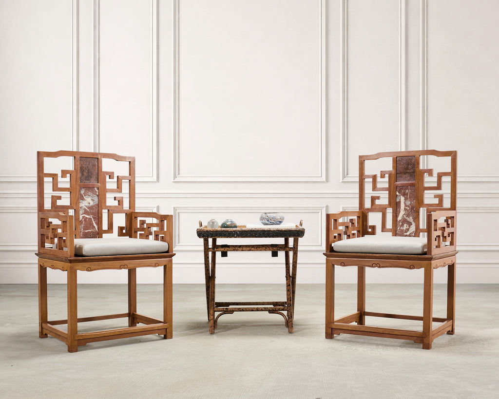 Pair of Chinese Ming Style Scholar's Armchairs with Marble Inset
