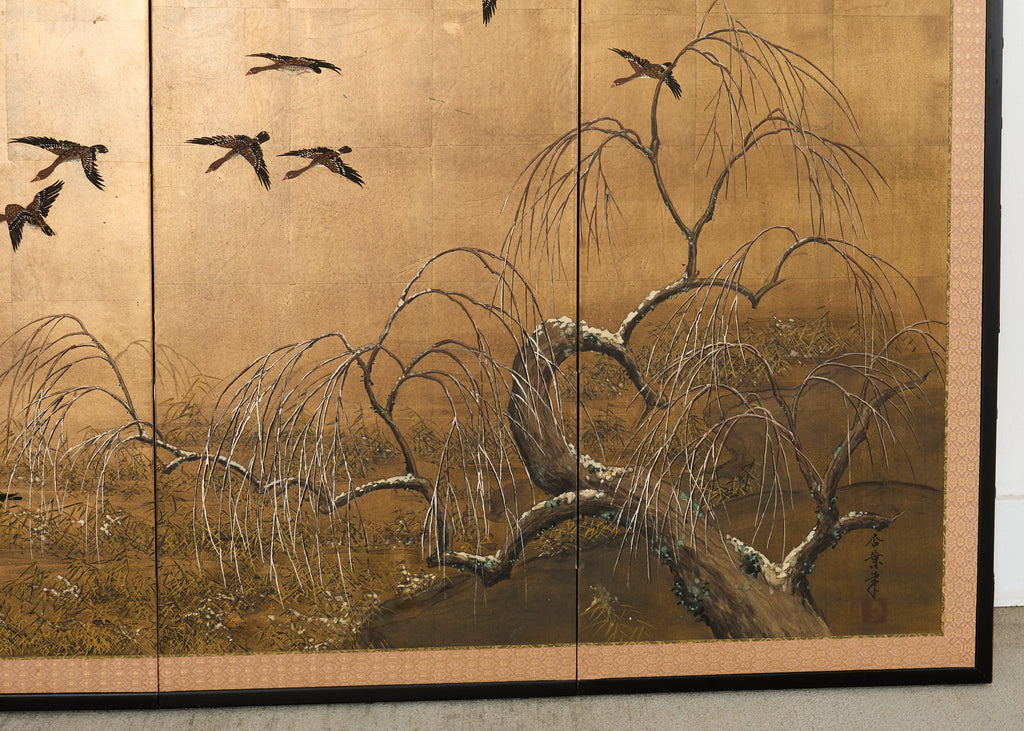 Japanese Showa Four-Panel Screen Wild Geese Autumn Landscape