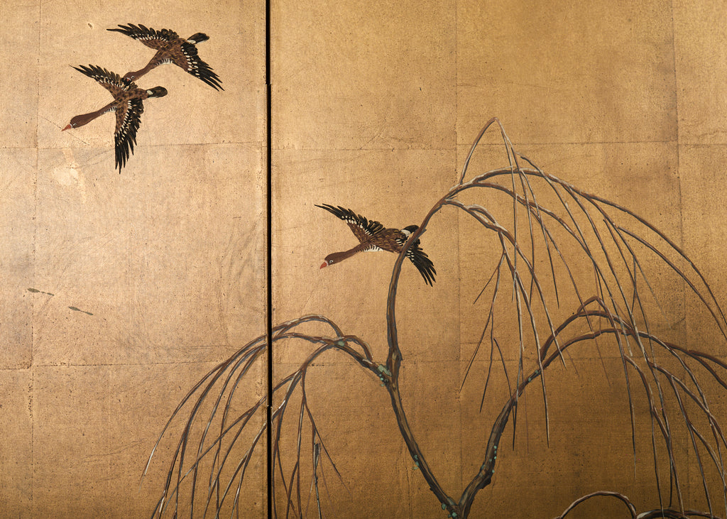 Japanese Showa Four-Panel Screen Wild Geese Autumn Landscape