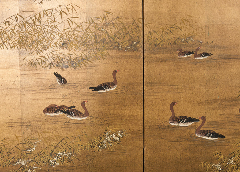 Japanese Showa Four-Panel Screen Wild Geese Autumn Landscape