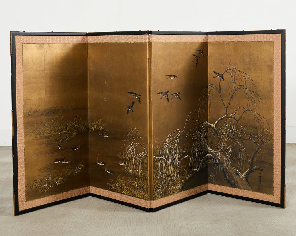 Japanese Showa Four-Panel Screen Wild Geese Autumn Landscape