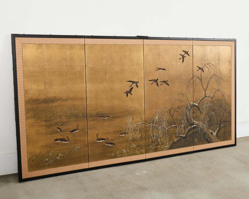 Japanese Showa Four-Panel Screen Wild Geese Autumn Landscape