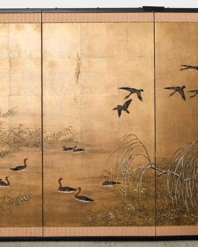 Japanese Showa Four-Panel Screen Wild Geese Autumn Landscape