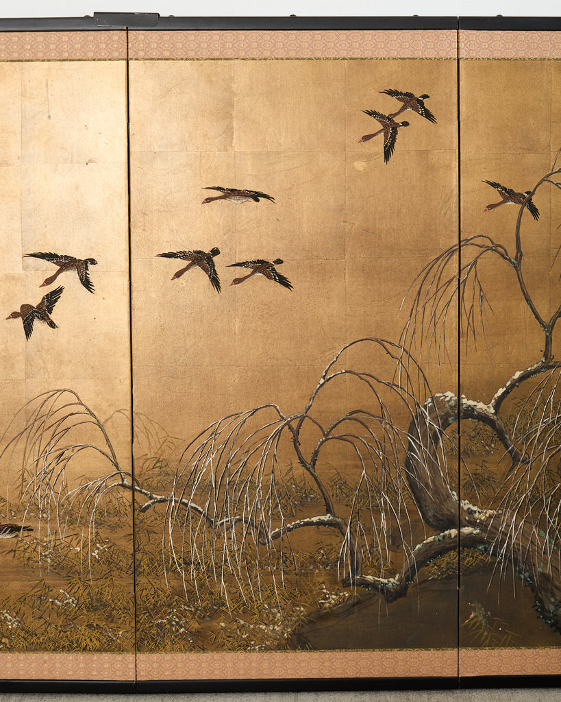 Japanese Showa Four-Panel Screen Wild Geese Autumn Landscape