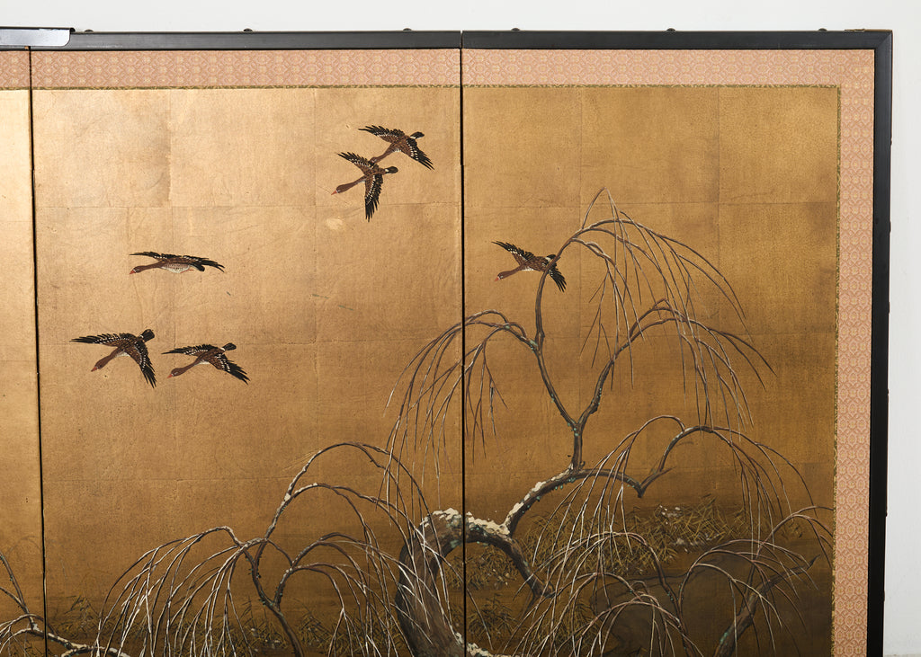 Japanese Showa Four-Panel Screen Wild Geese Autumn Landscape