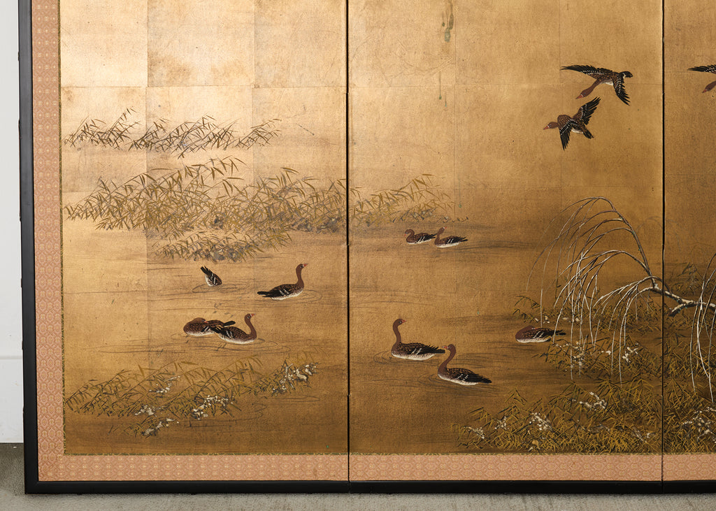Japanese Showa Four-Panel Screen Wild Geese Autumn Landscape