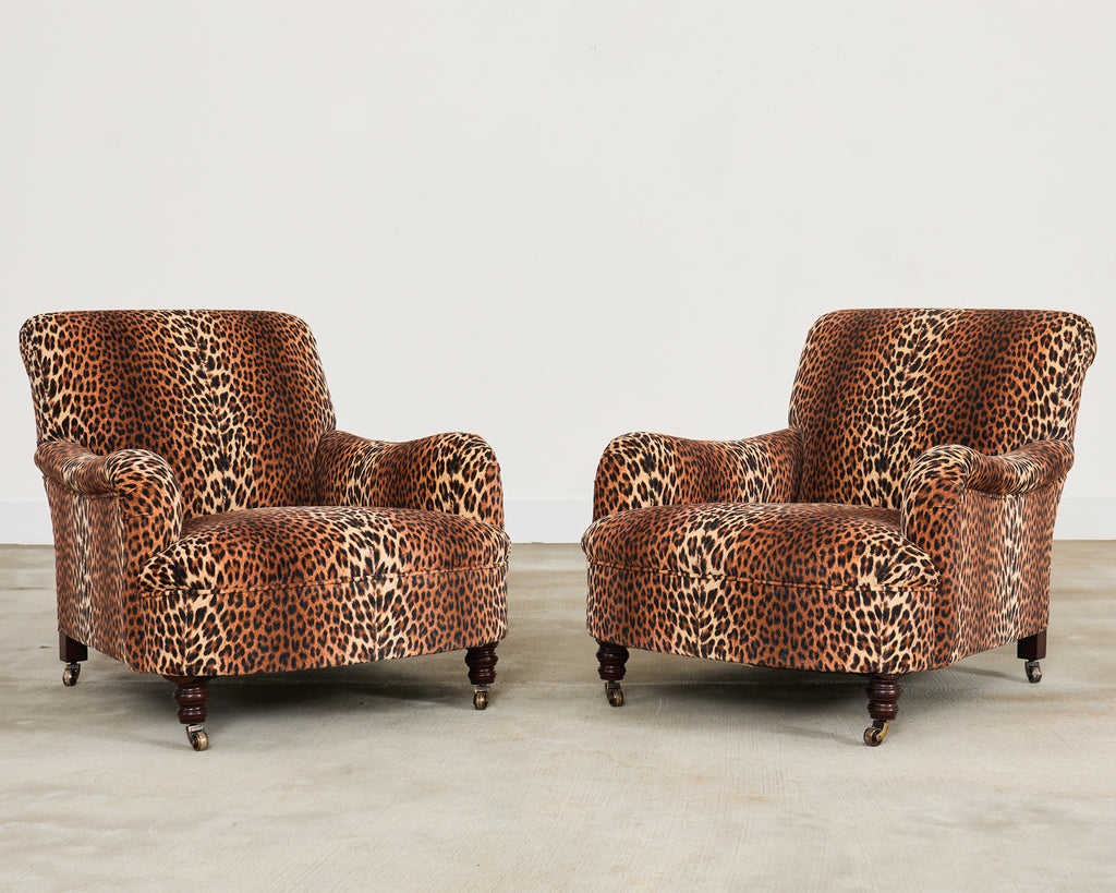 Pair of George Smith Jules Lounge Chairs in Leopard Velvet