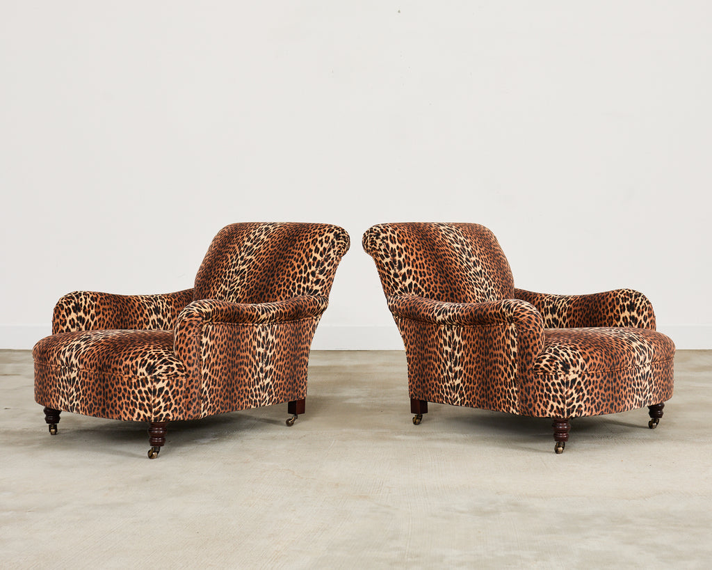 Pair of George Smith Jules Lounge Chairs in Leopard Velvet
