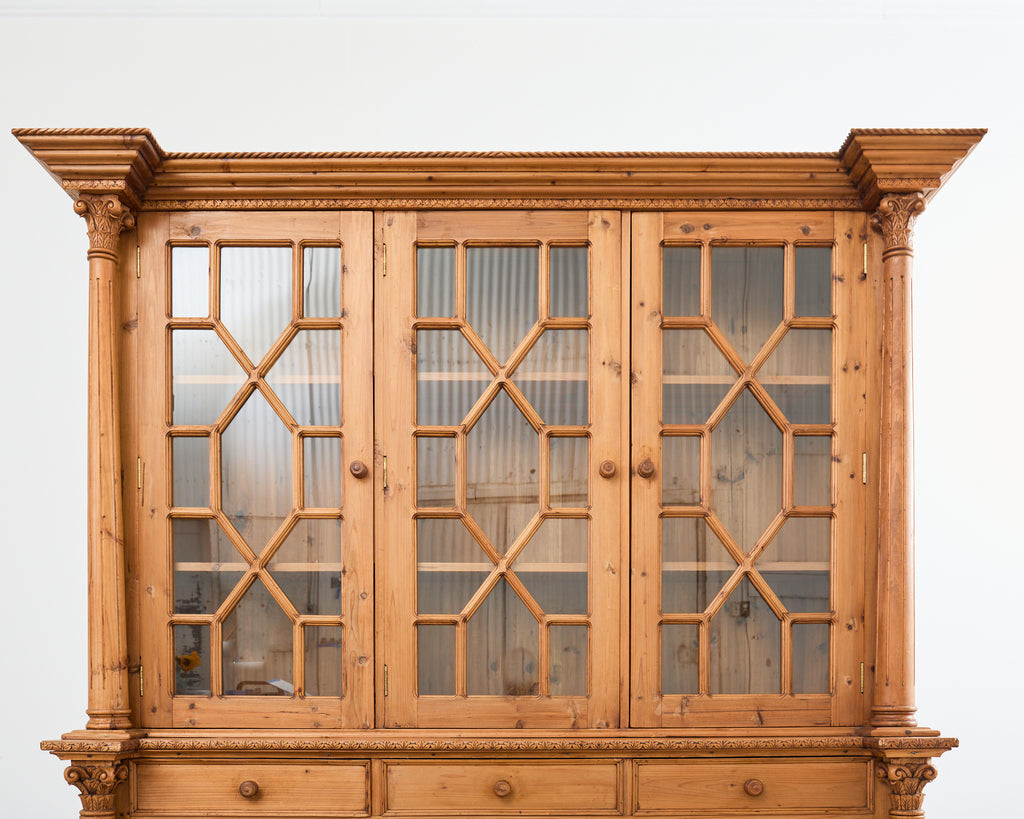 French Pine Astral Glazed Bookcase Cabinet with Column Supports