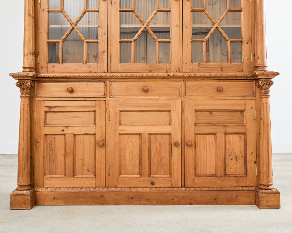 French Pine Astral Glazed Bookcase Cabinet with Column Supports