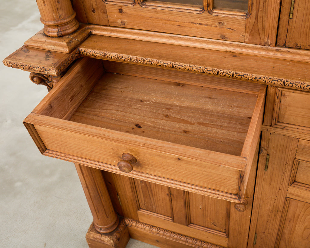 French Pine Astral Glazed Bookcase Cabinet with Column Supports