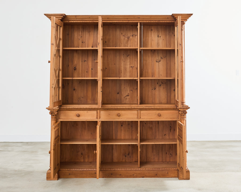 French Pine Astral Glazed Bookcase Cabinet with Column Supports