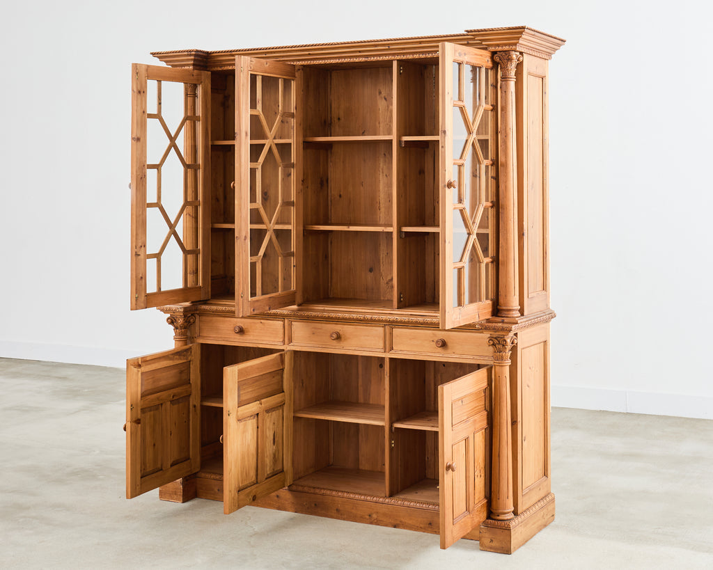 French Pine Astral Glazed Bookcase Cabinet with Column Supports