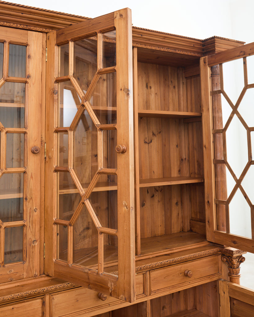 French Pine Astral Glazed Bookcase Cabinet with Column Supports