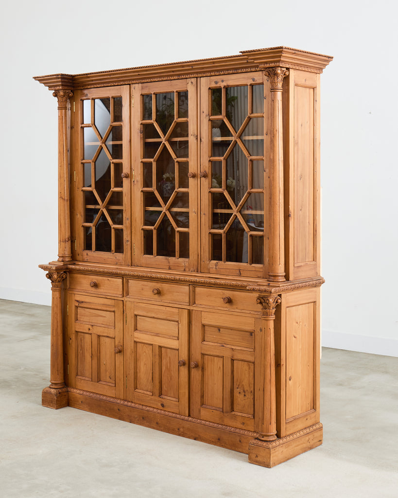 French Pine Astral Glazed Bookcase Cabinet with Column Supports