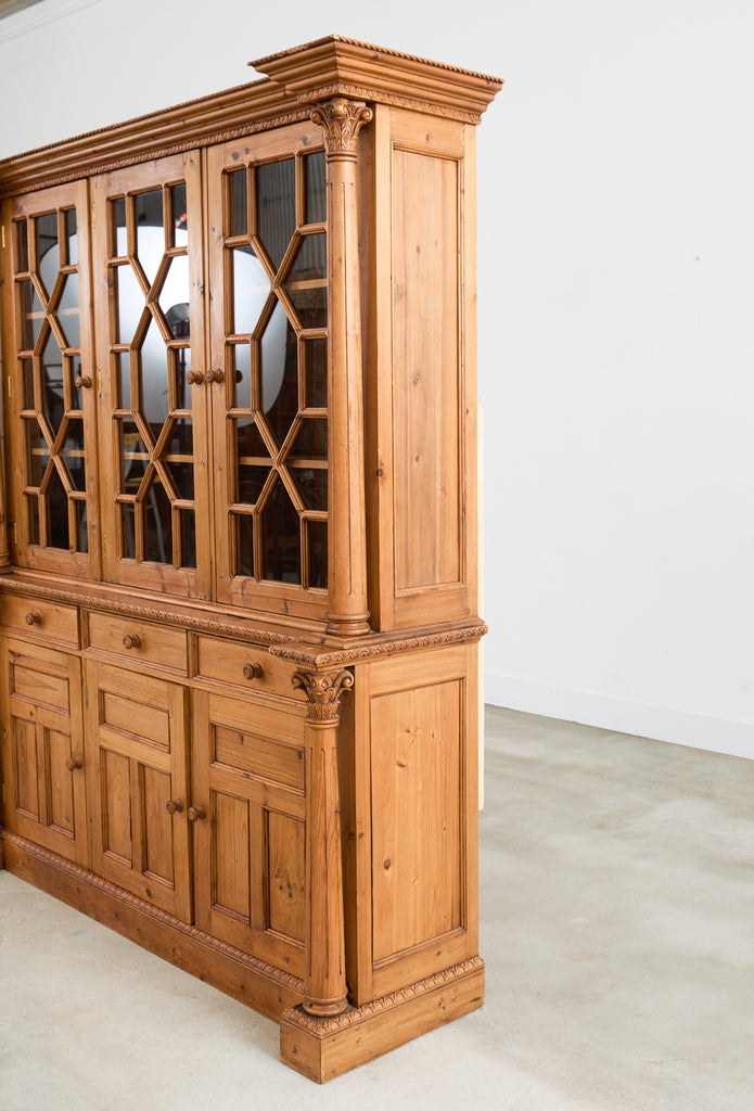 French Pine Astral Glazed Bookcase Cabinet with Column Supports