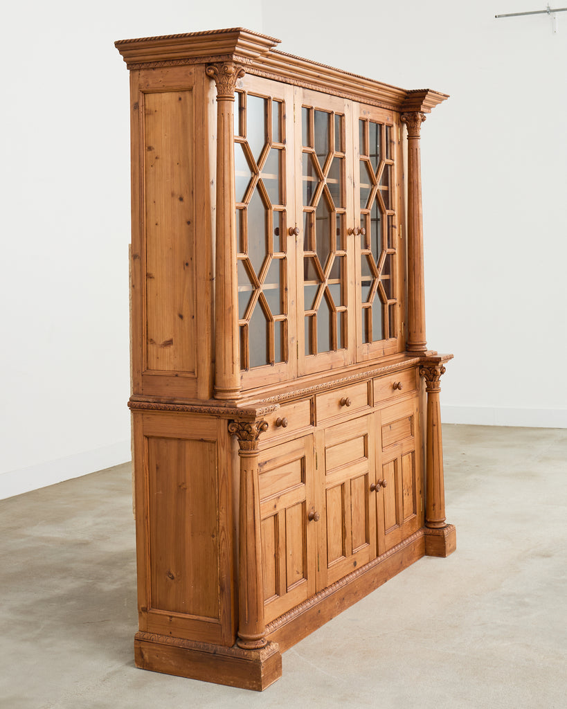 French Pine Astral Glazed Bookcase Cabinet with Column Supports