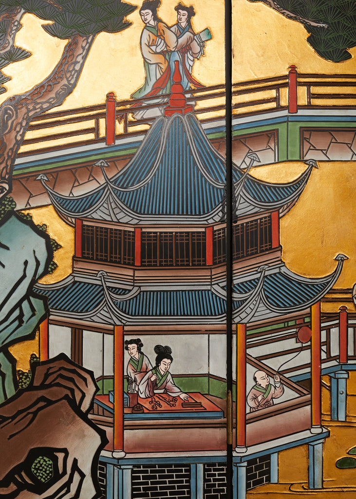 Chinese Export Four Panel Gilt Lacquered Coromandel Screen