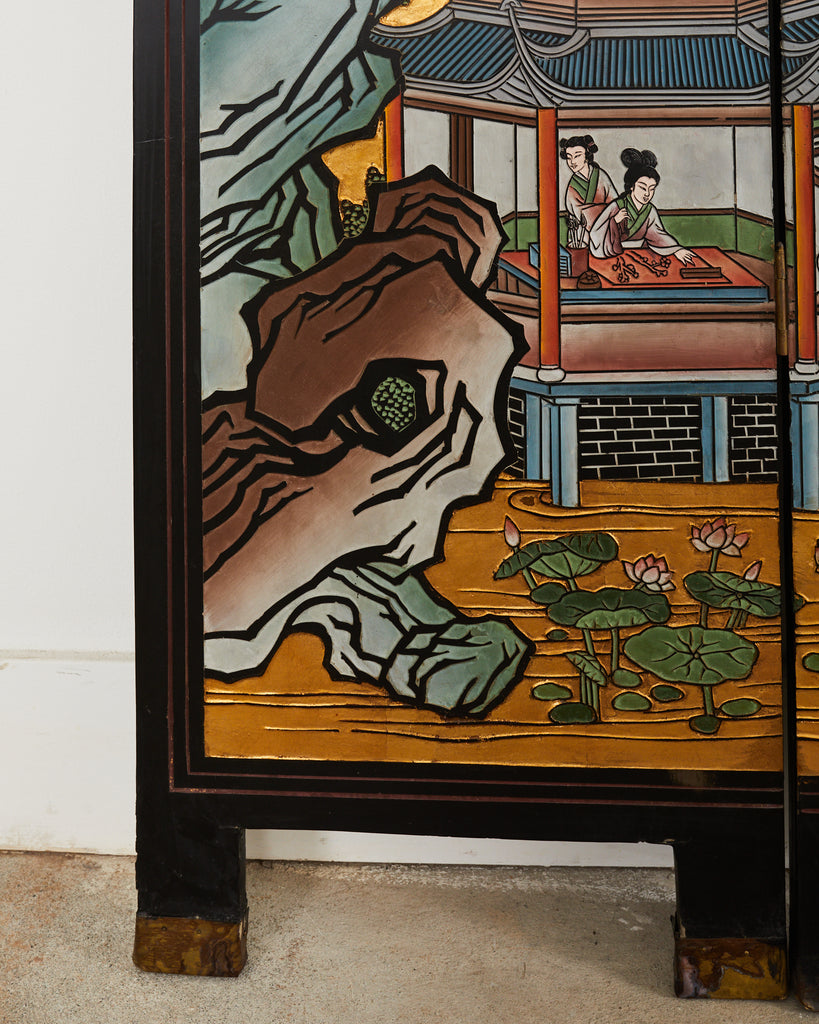 Chinese Export Four Panel Gilt Lacquered Coromandel Screen