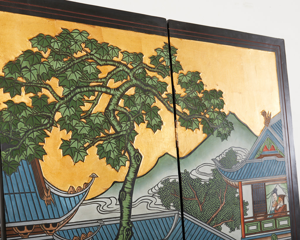 Chinese Export Four Panel Gilt Lacquered Coromandel Screen