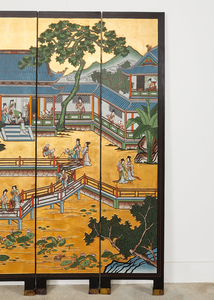 Chinese Export Four Panel Gilt Lacquered Coromandel Screen