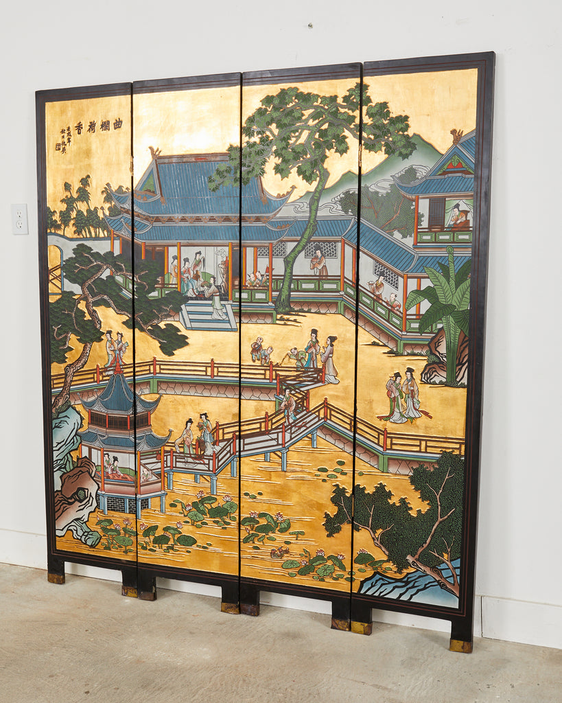 Chinese Export Four Panel Gilt Lacquered Coromandel Screen