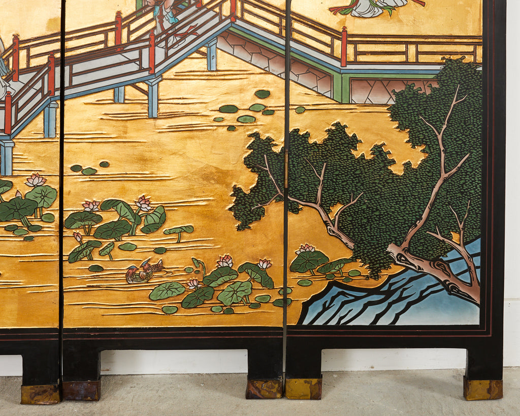 Chinese Export Four Panel Gilt Lacquered Coromandel Screen